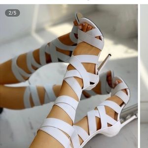 Bandage Lace Up White Heels